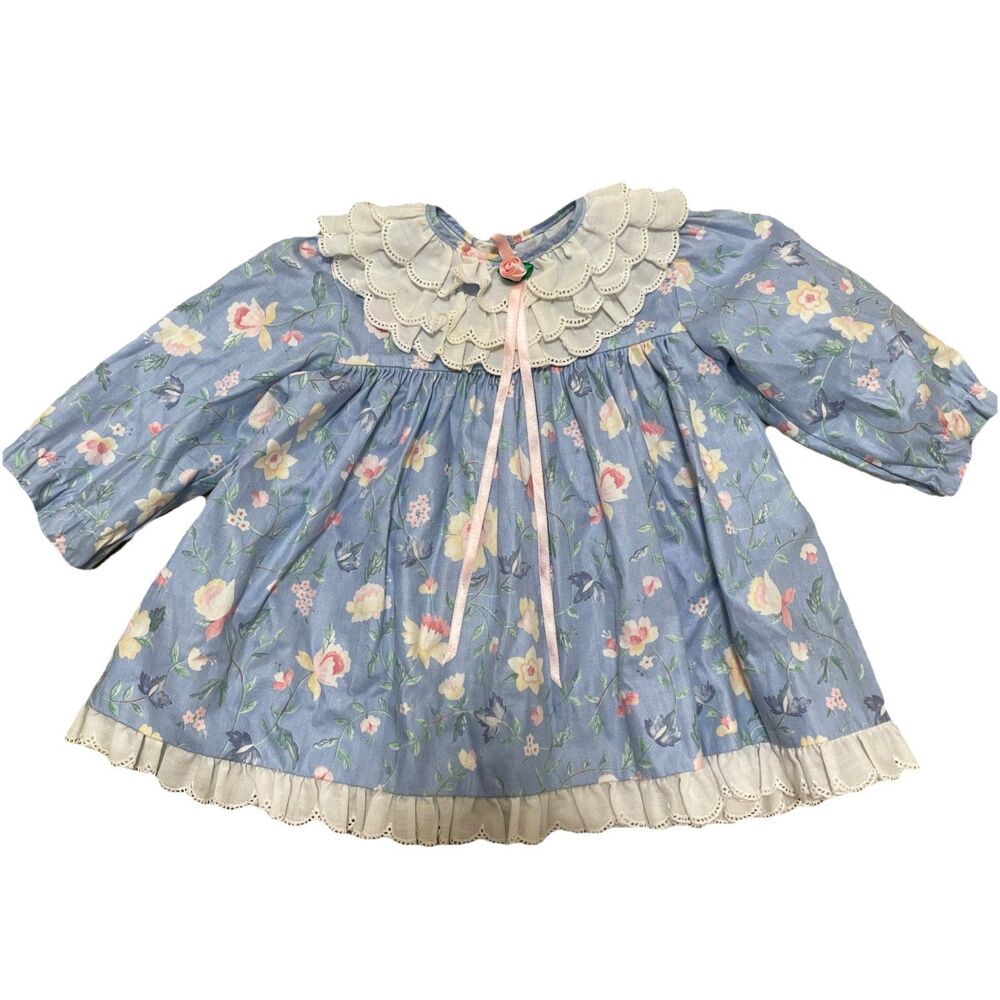 Vintage JoLene 12M Blue Floral Party Dress Layered Ruffles Lace Long Sleeve